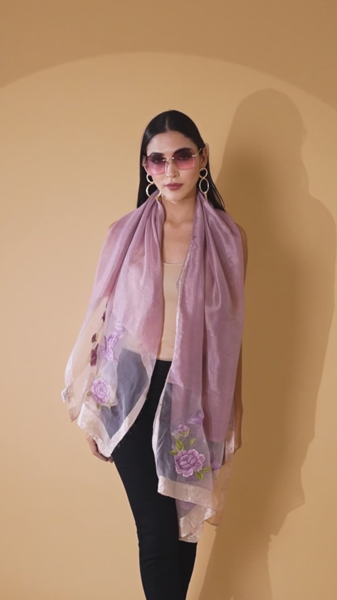 Women Pink Floral Embroidered Transparent Stole