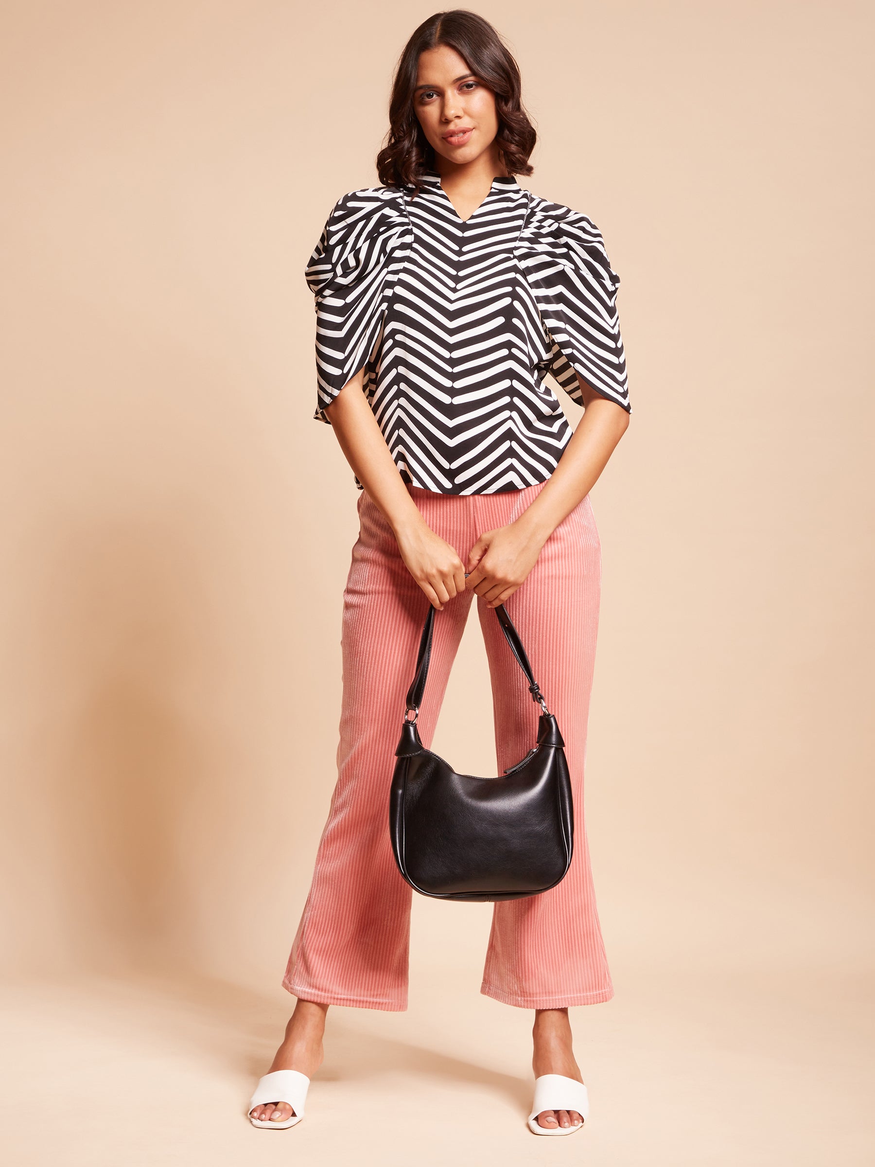 Black Cowl Sleeves Cotton Blend Blouson Top