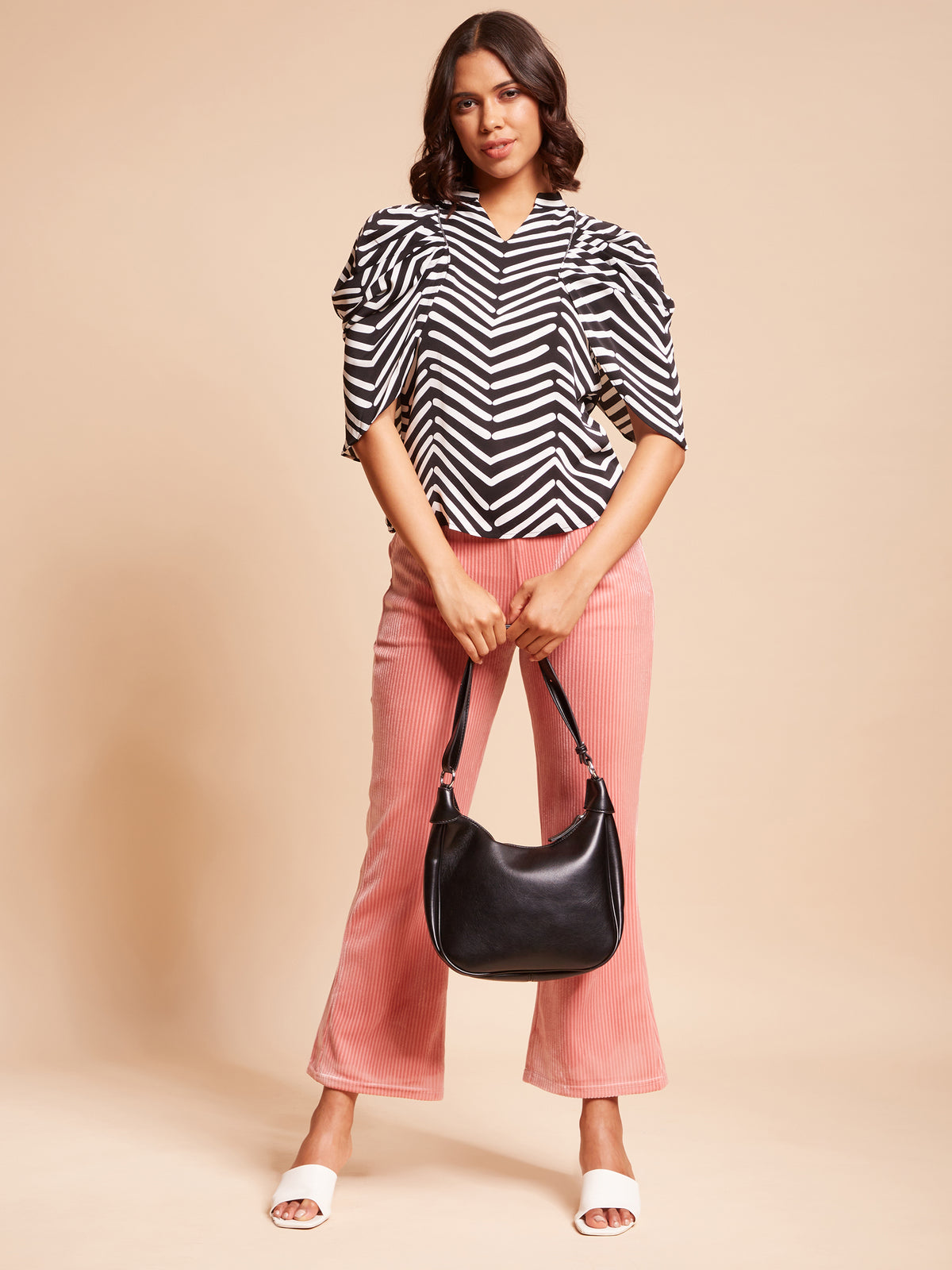 Women V-Neck Regular Cowl Sleeves Black Printed Blouse Top