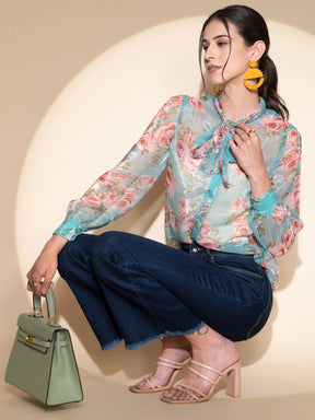 Blue Jabot Collar Floral Shirt