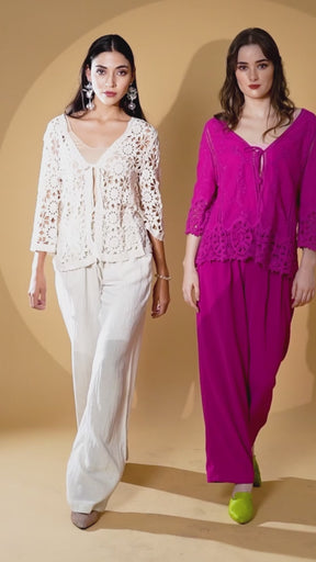 Women Hot Pink V-Neck Straight Fit Embroidered Shrug