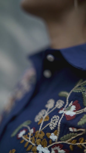 Navy Floral Embroidered Cotton Shirt