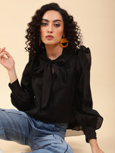 Women Black Tie-Up Neck Ruffle Sleeve Blouse Top