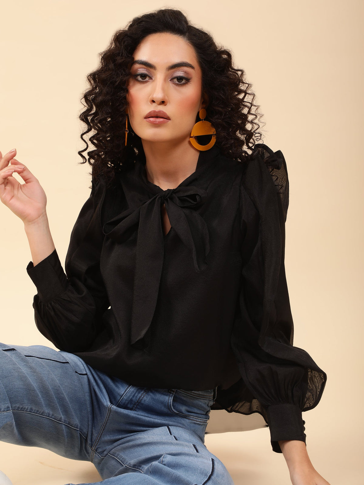 Women Tie-Up Neck Ruffle Sleeve Blouson Top