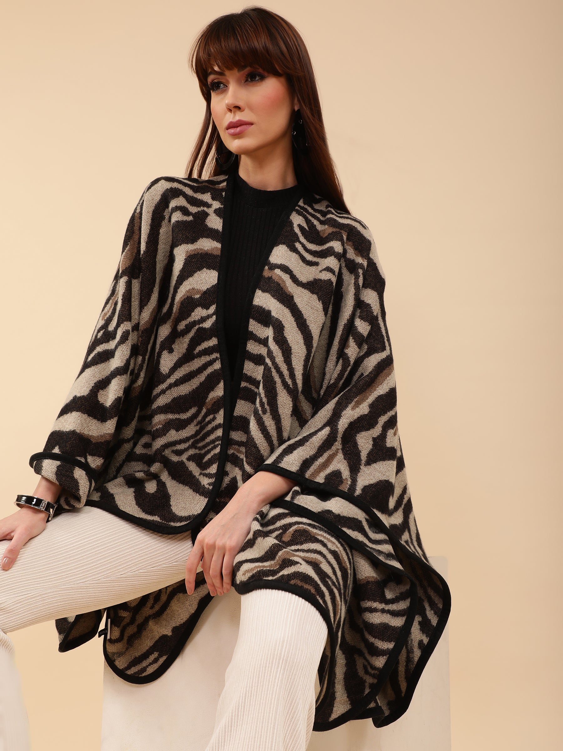Women Beige Zebra Pattern Heavy Cape
