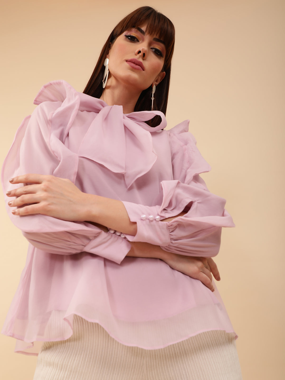 Women Pink Tie-Up Neck Ruffle Sleeve Blouse Top