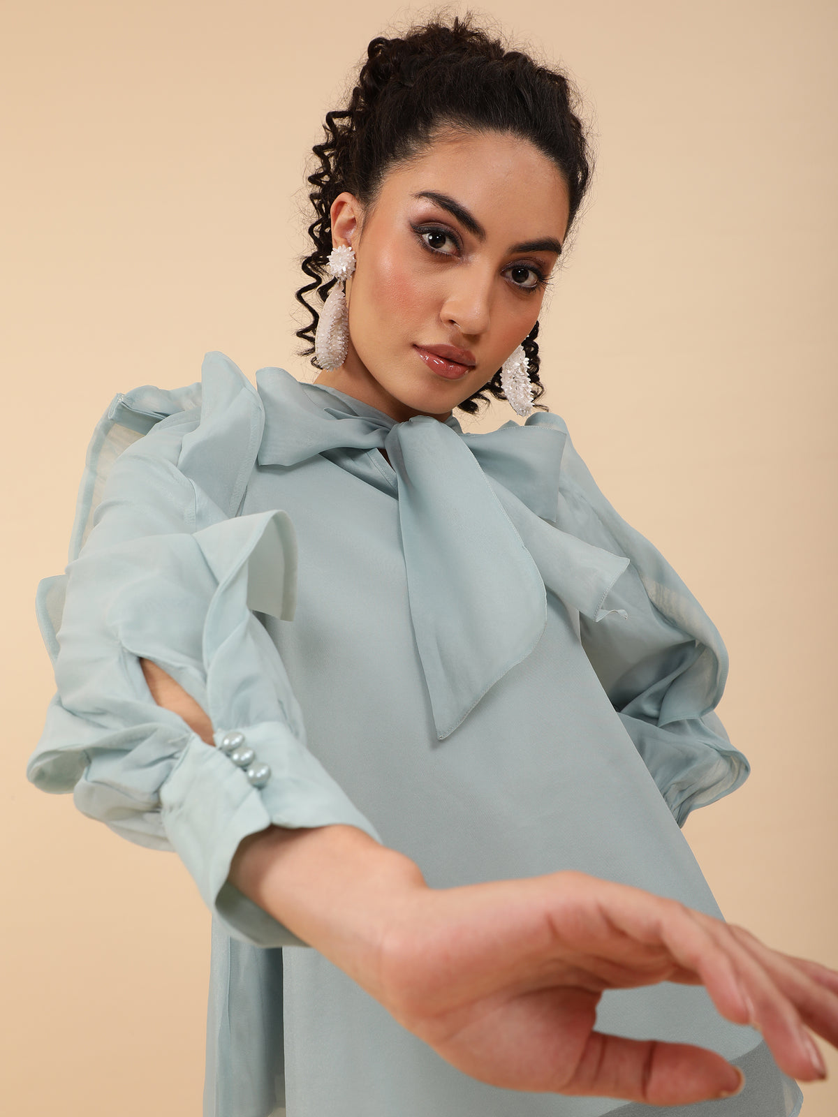 Women Teal Tie-Up Neck Ruffle Sleeve Blouse Top