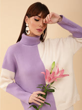 Women Lilac & Off White Turtle Neck Loose Fit Colorblocked Pullover