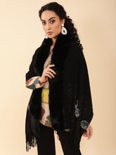Women Swarovski Detail Furry Black Stole