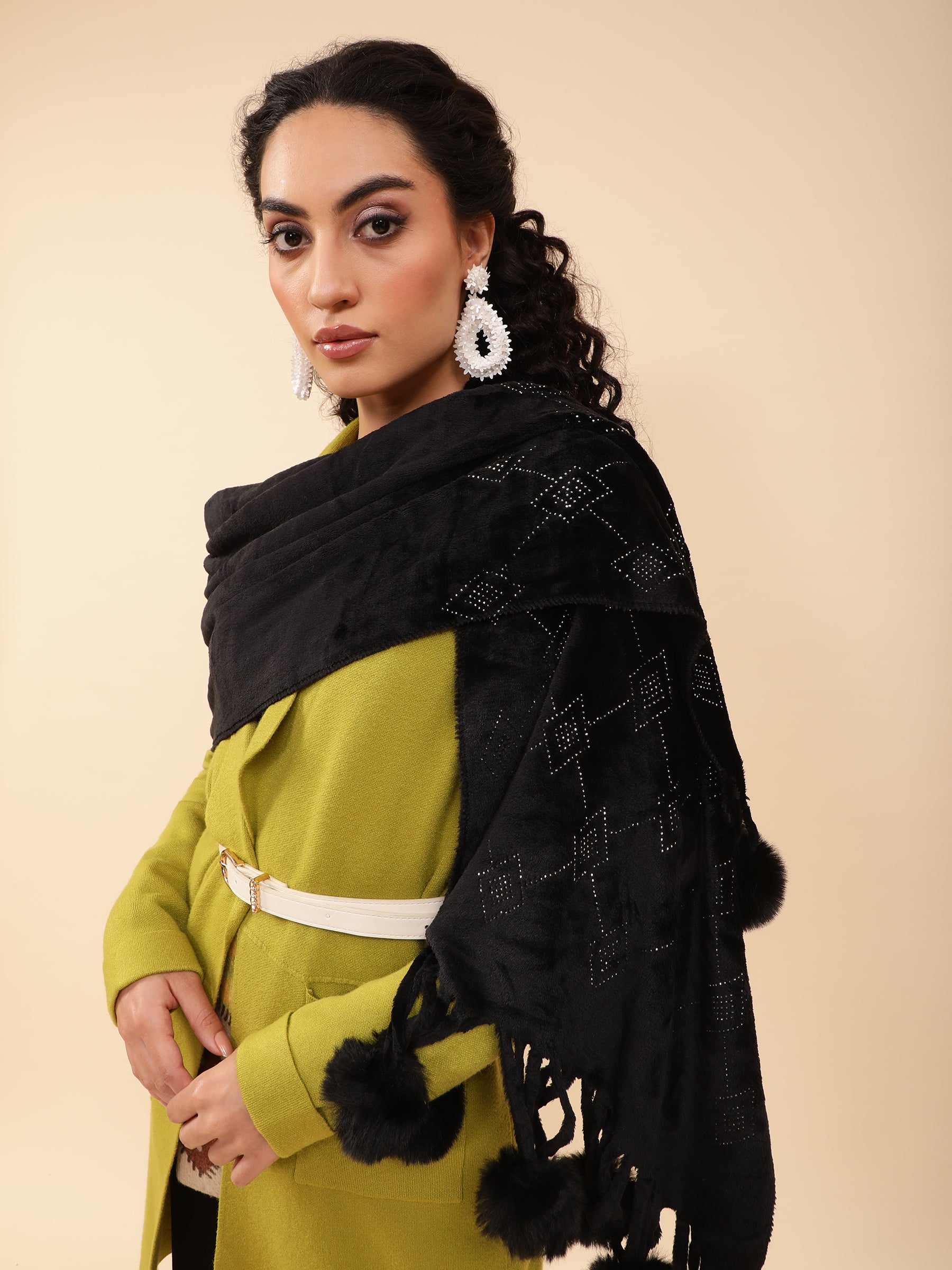 Women Swarovski Motif Black Stole