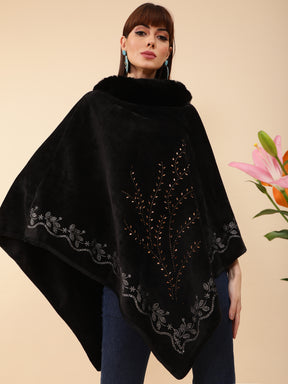 Women Black Furry Neck Embellished Velvet Poncho