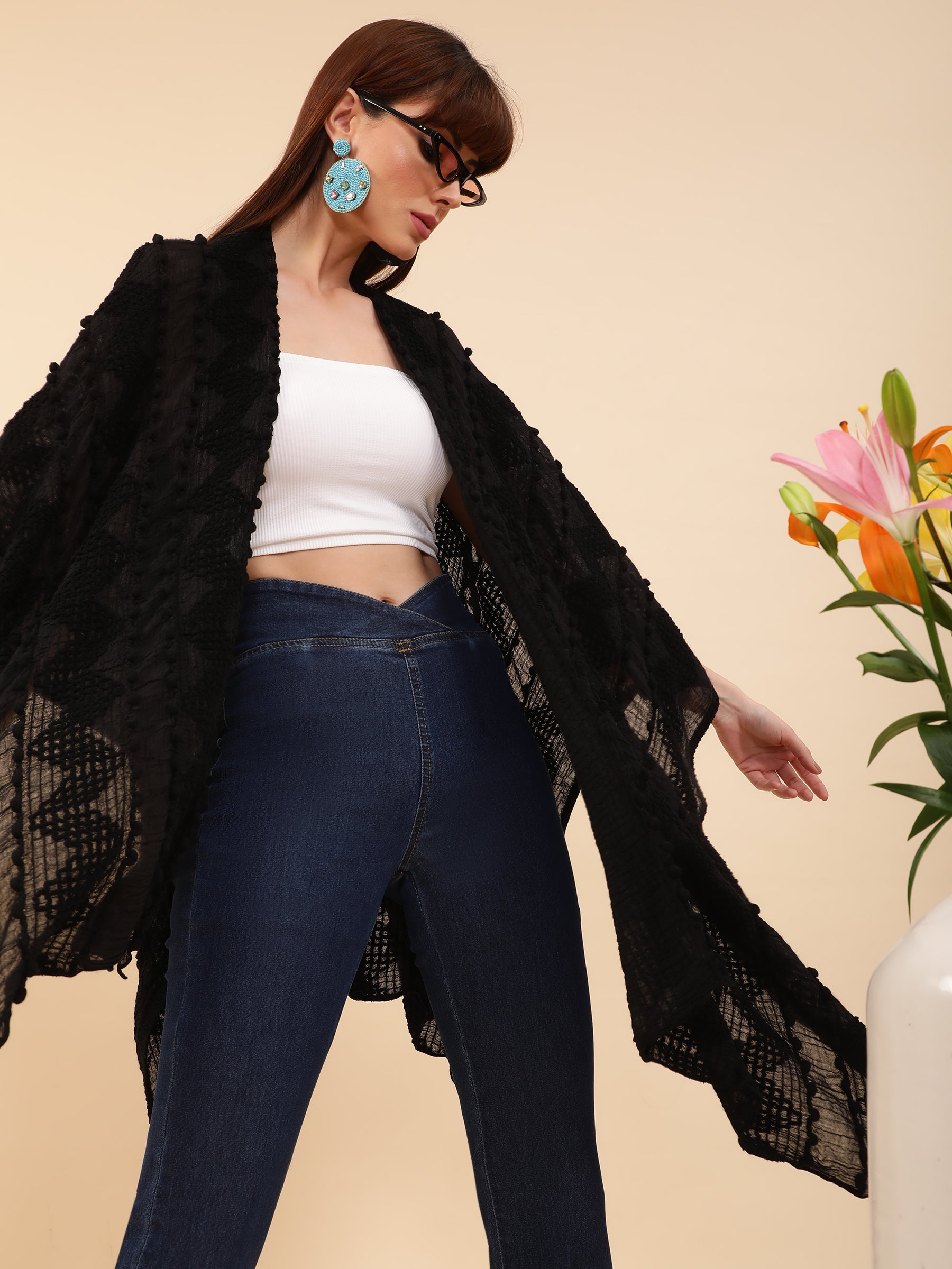 Women Black Free Fall Textured Cape