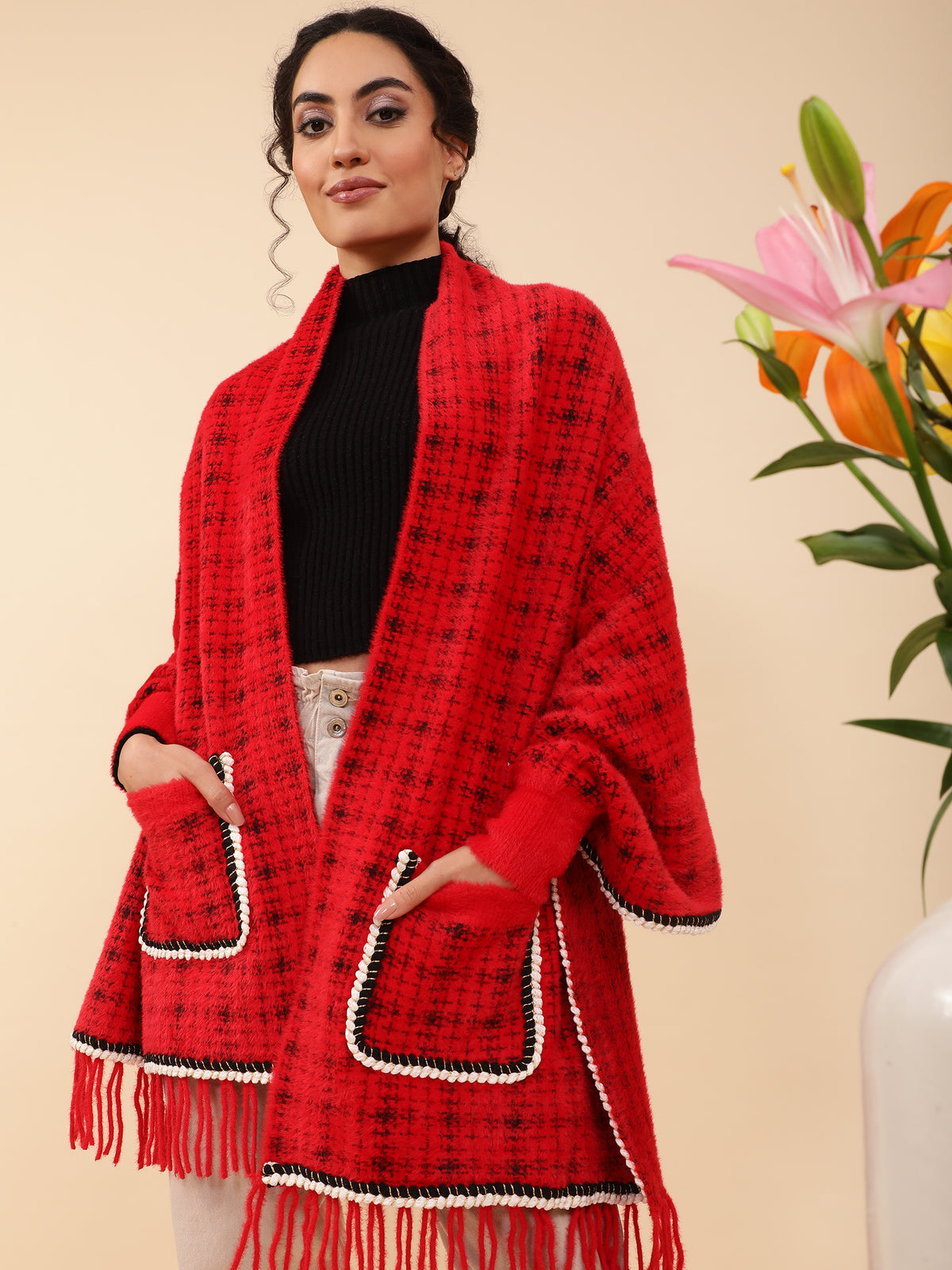 Women Red Full Sleeves Furry Houndstooth Shrug
