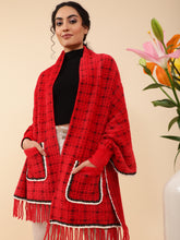 Women Red Full Sleeves Furry Houndstooth Shrug