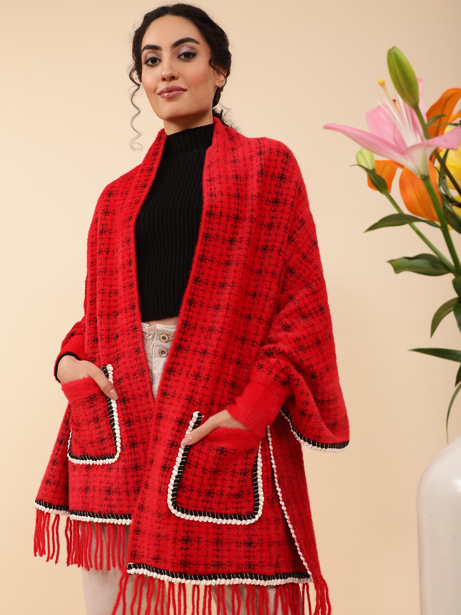 Women Red Full Sleeves Furry Houndstooth Shrug