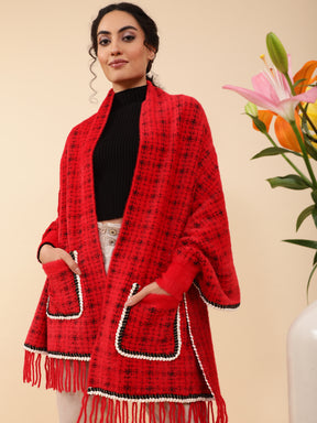 Women Red Full Sleeves Furry Houndstooth Shrug