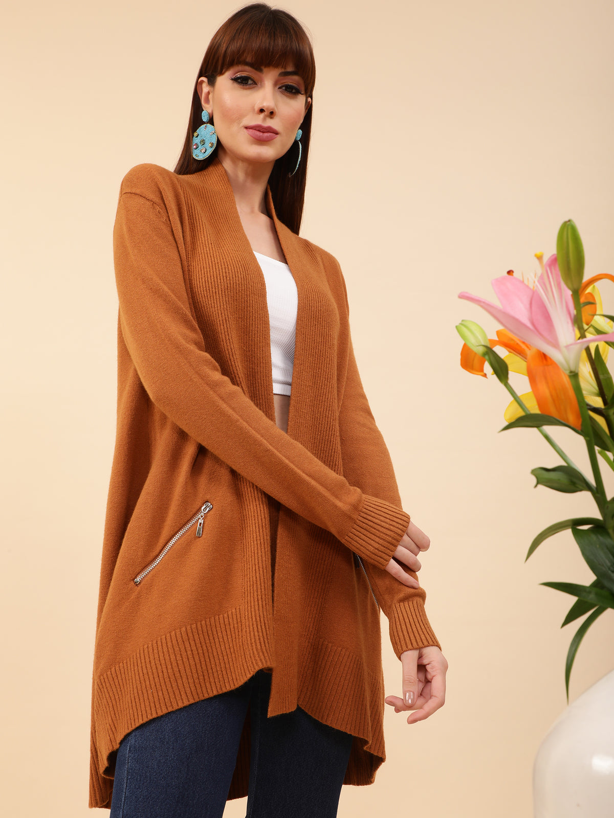 Women Golden Oak Full Sleeves Metal Zip Pocket Shrug