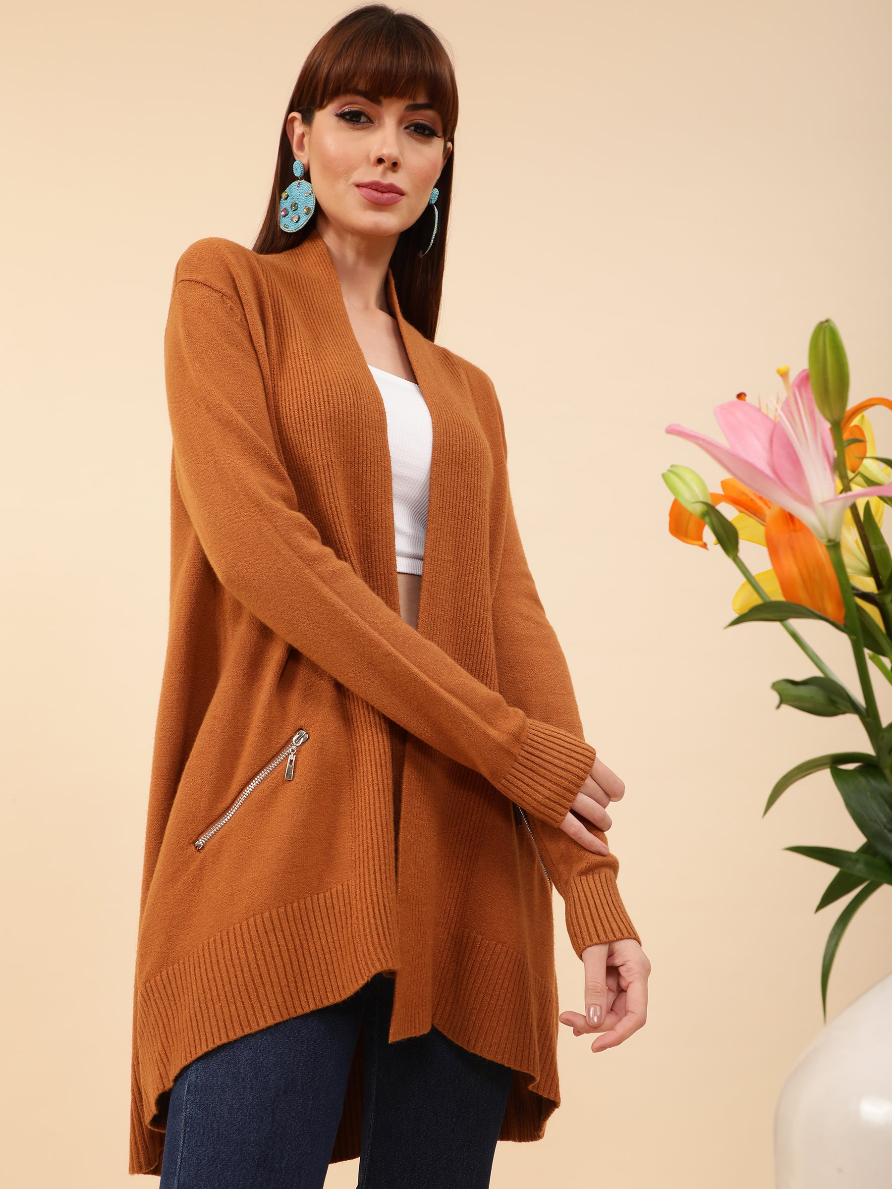 Women Golden Oak Full Sleeves Metal Zip Pocket Shrug