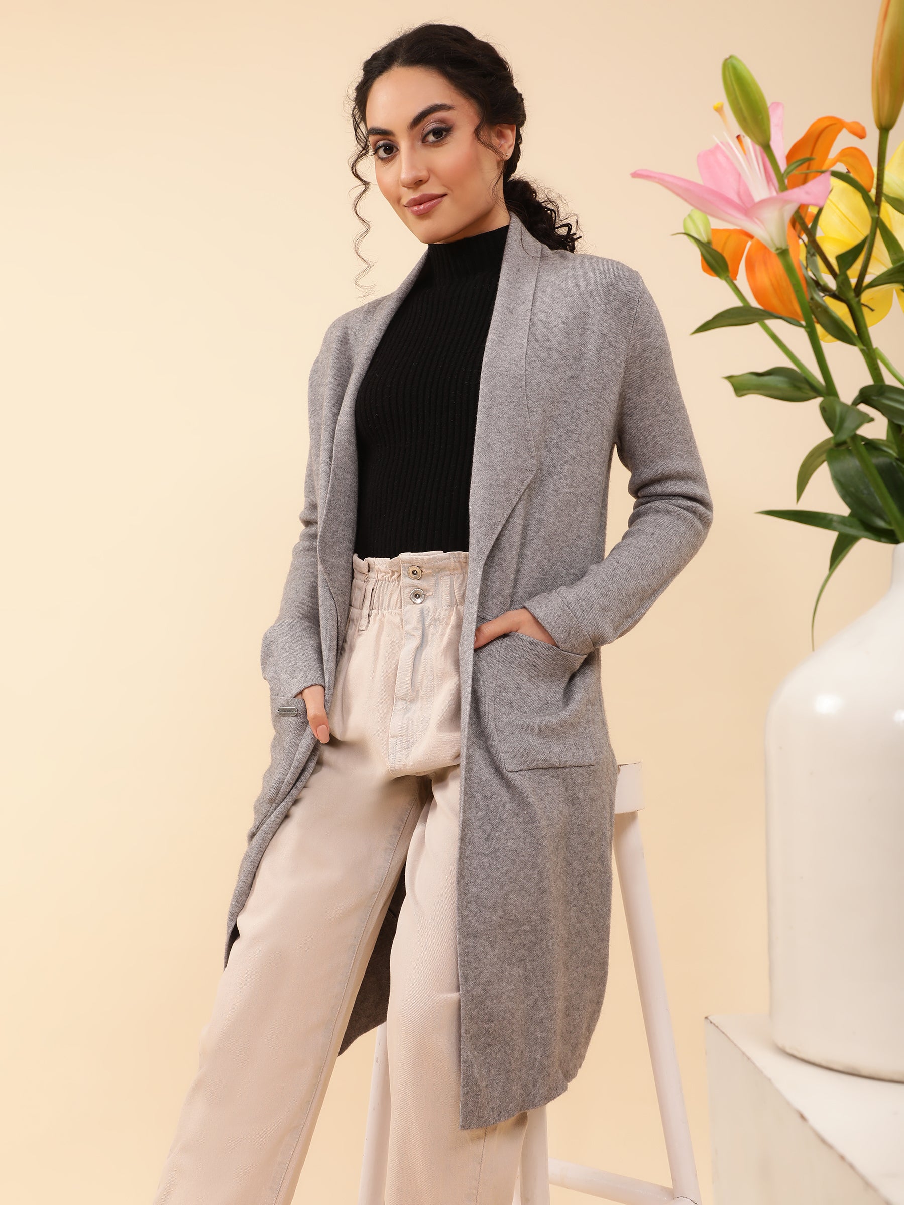Women Grey Full Sleeves Shawl Collar Knee Length Shrug