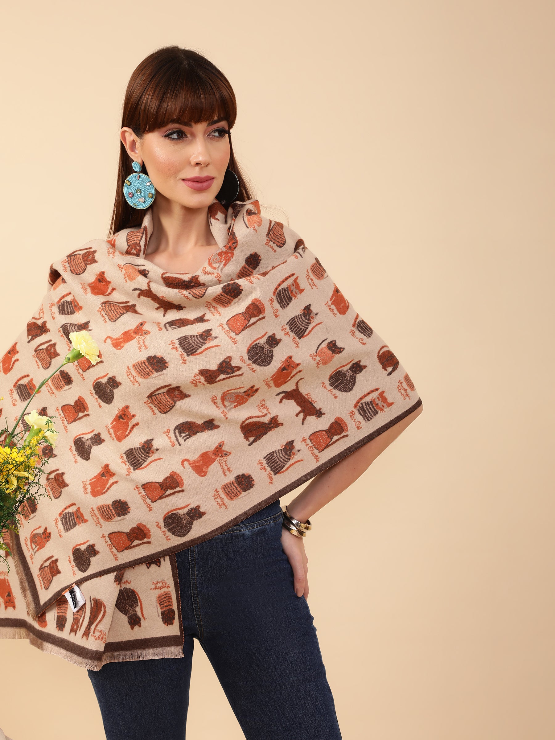 Women Cream Cat Pattern Stole