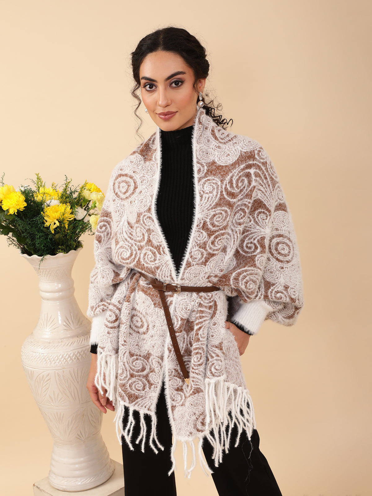 Women White & Rust Full Sleeves Furry Jacquard Shrug