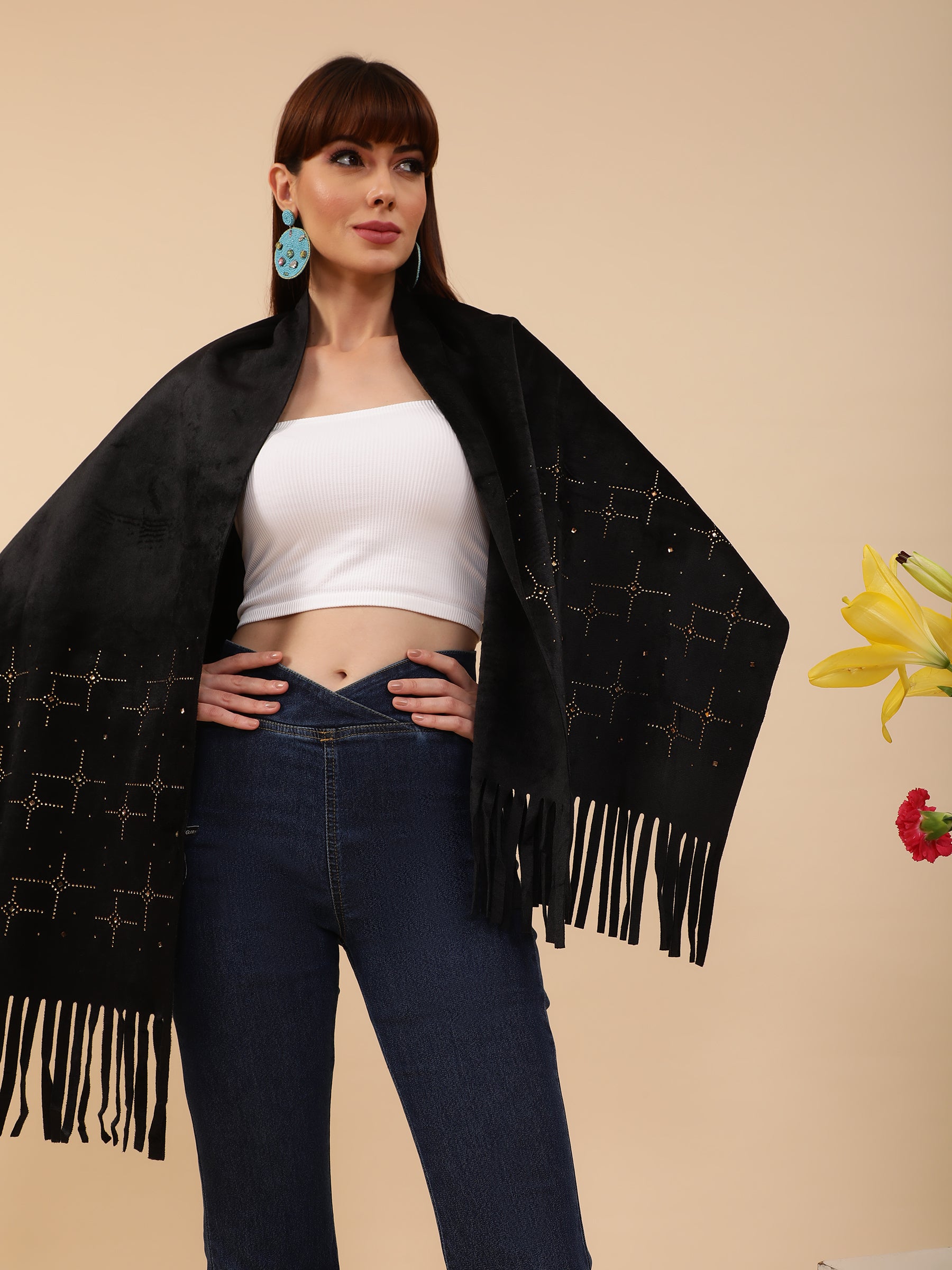 Women Swarovski motif Black Stole