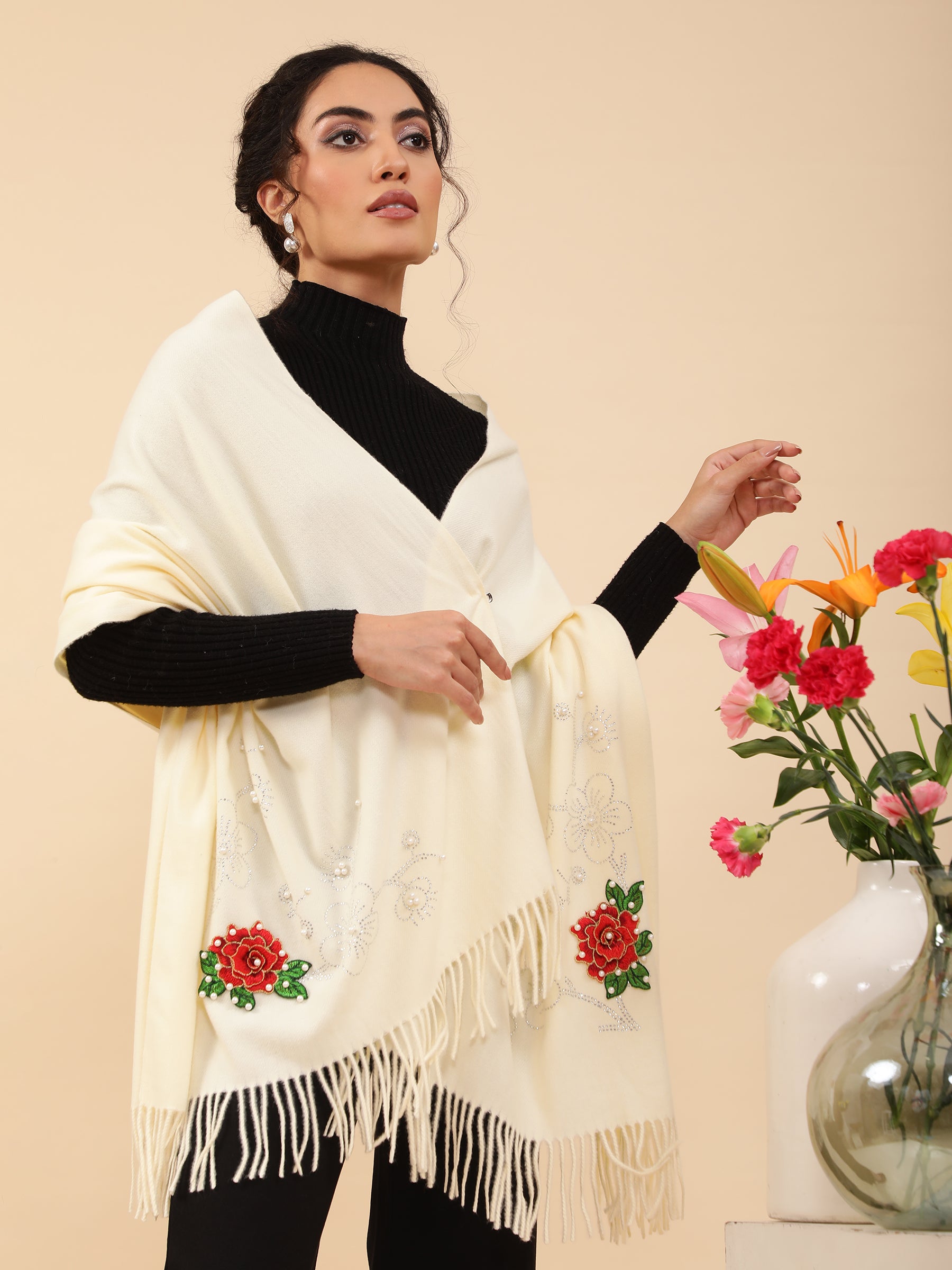 Women Rose Pattern Embellished White Stole