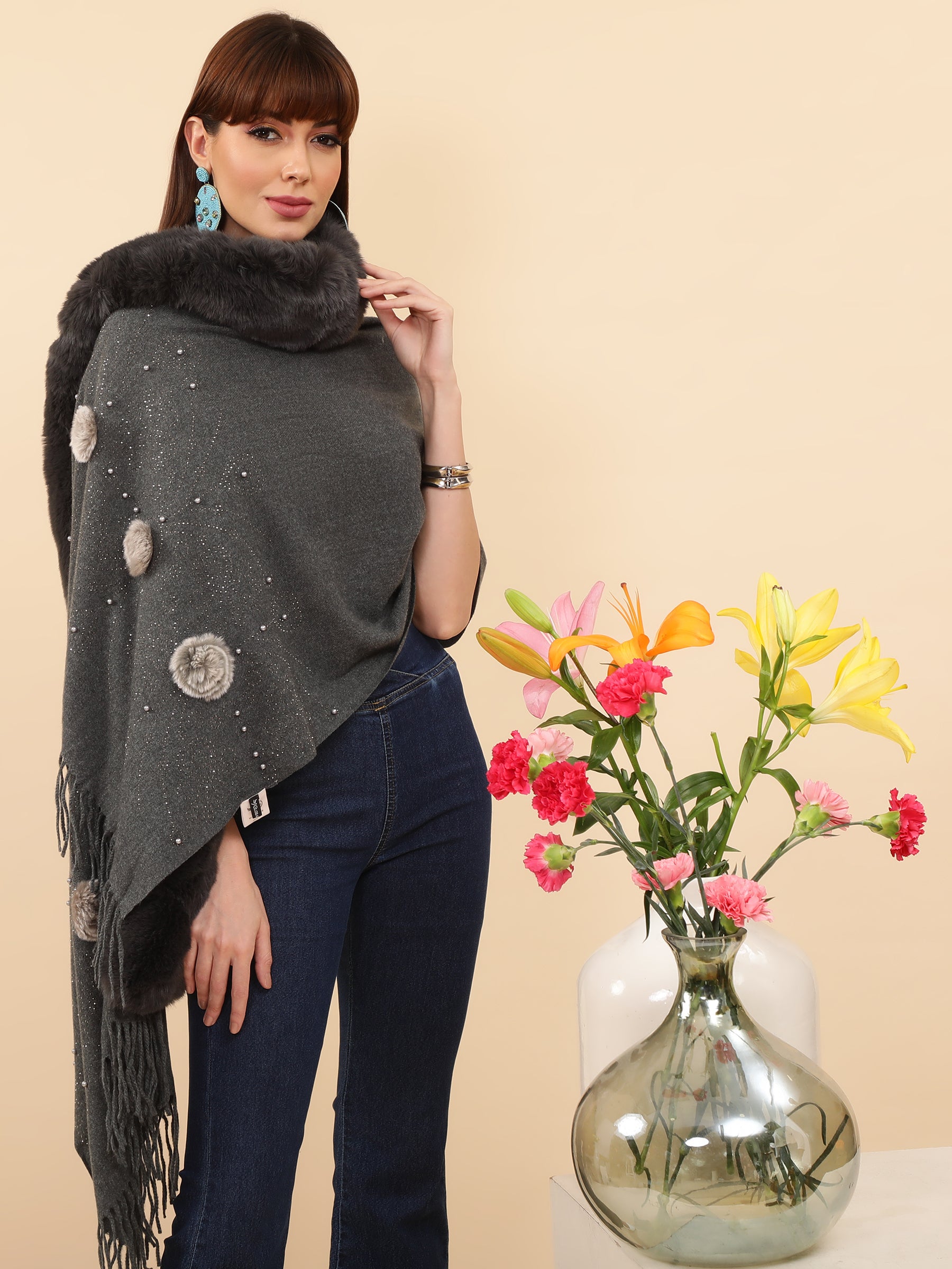 Women Swarovski Detail Furry Grey Stole