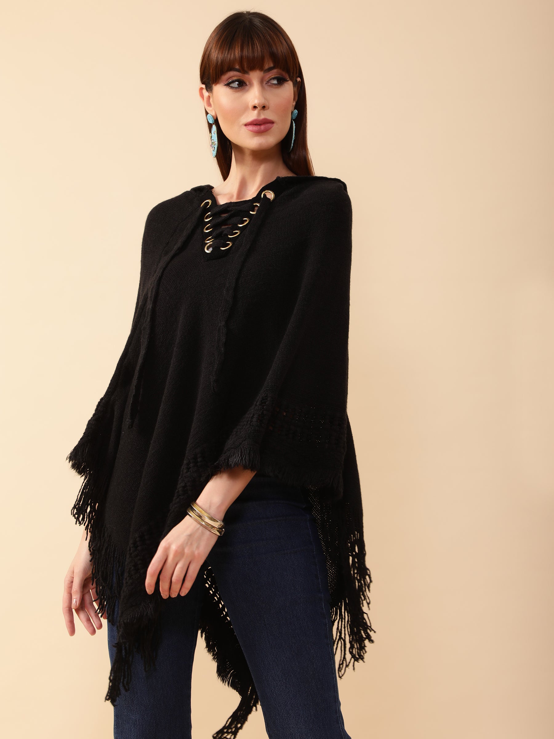 Women Black Hooded Lace-Up Asymmetric Poncho