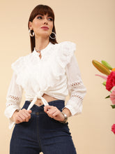 Women White Lace and Ruffle Cotton Blend Shirt