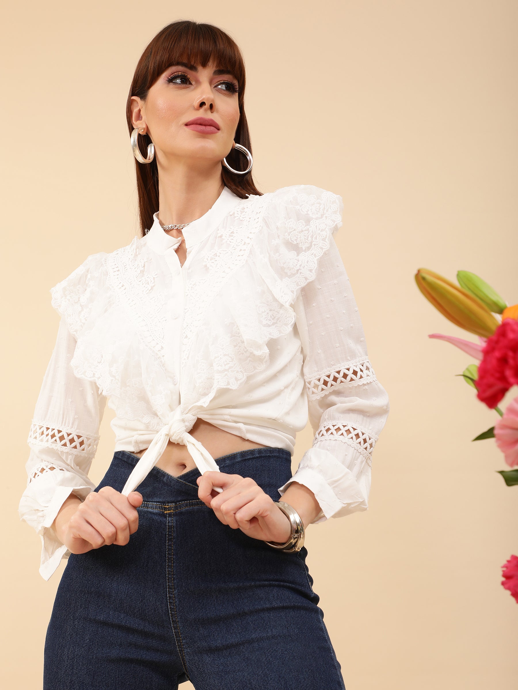 Women White Lace and Ruffle Cotton Blend Shirt