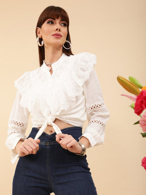 Women White Lace and Ruffle Cotton Blend Shirt