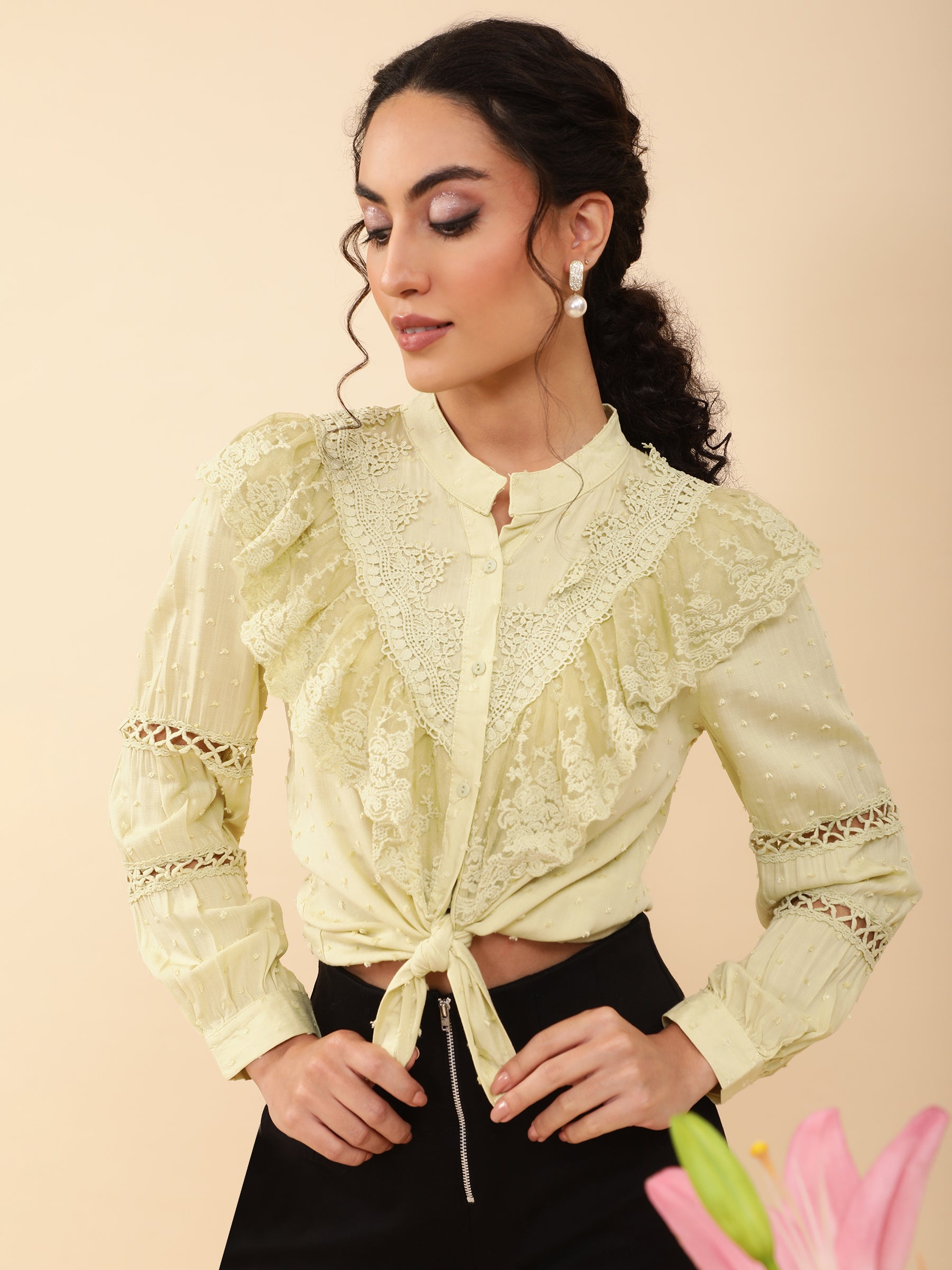 Women Pista Lace and Ruffle Cotton Blend Shirt