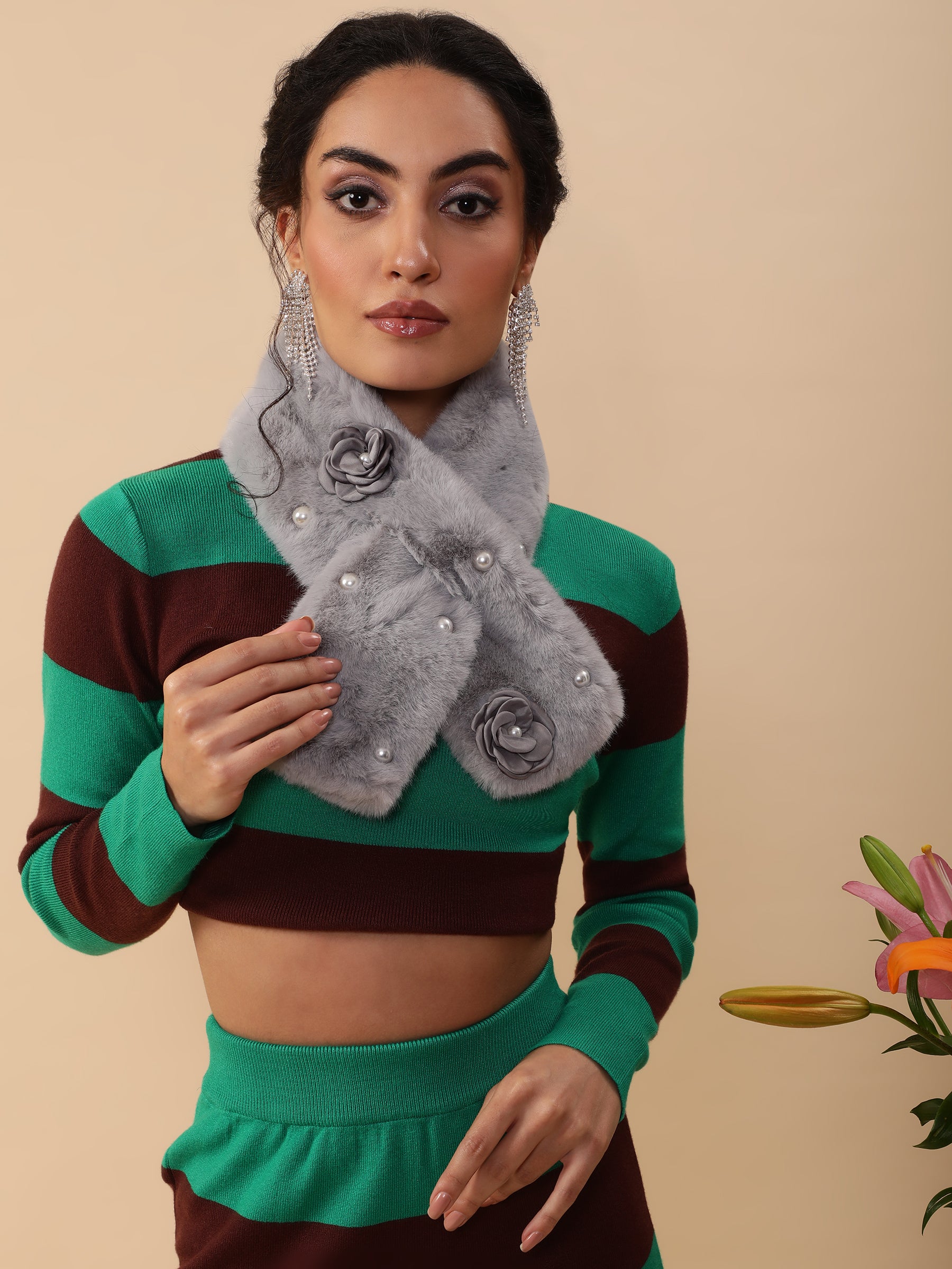 Women Furry embellished Rose Grey Stole