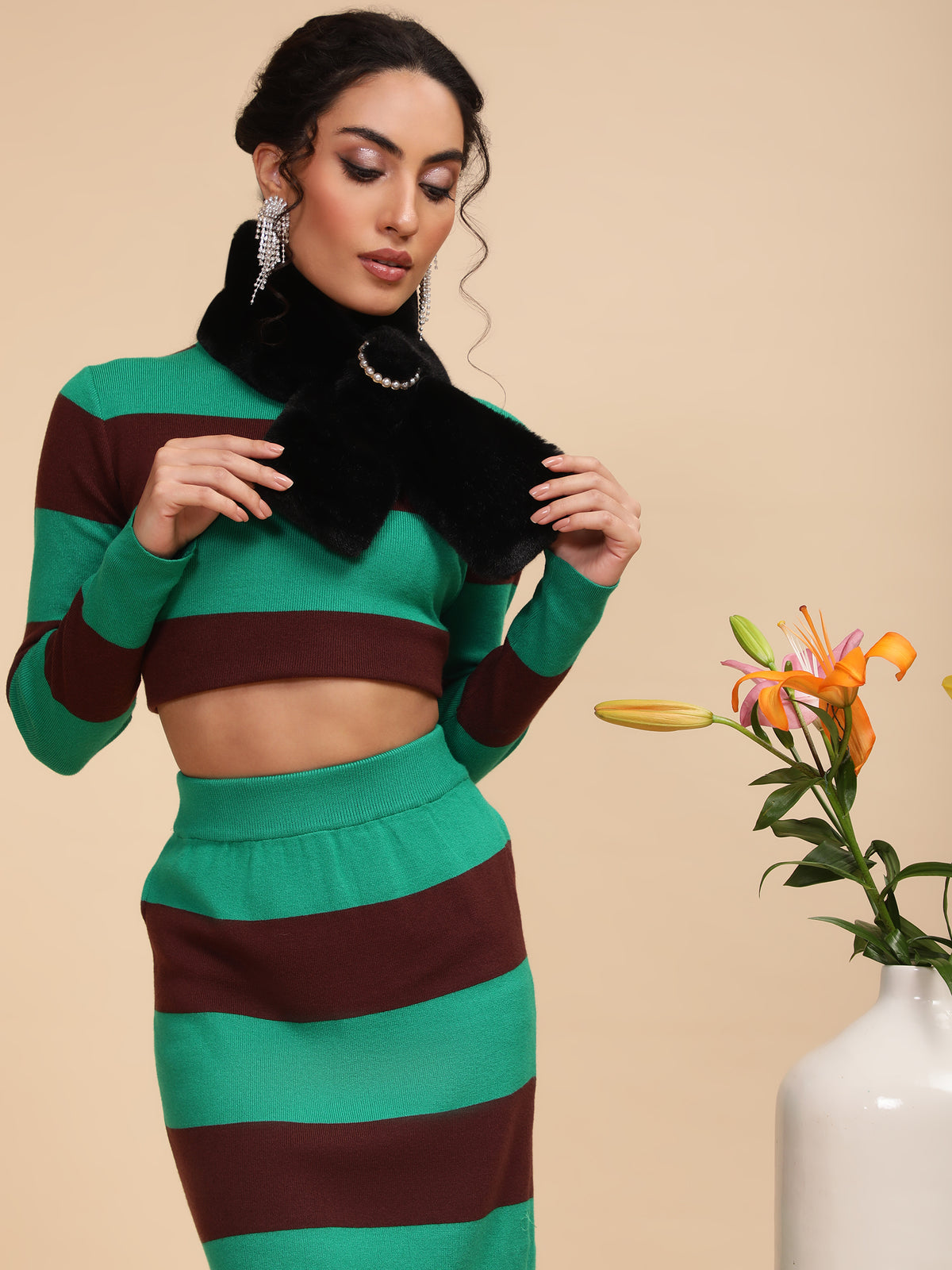 women green brown round neck broad striped viscose coord set