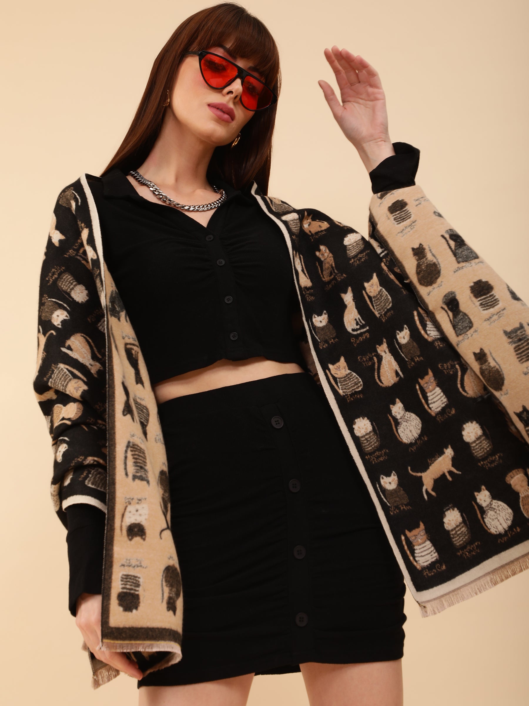 Women Black Cat Pattern Stole
