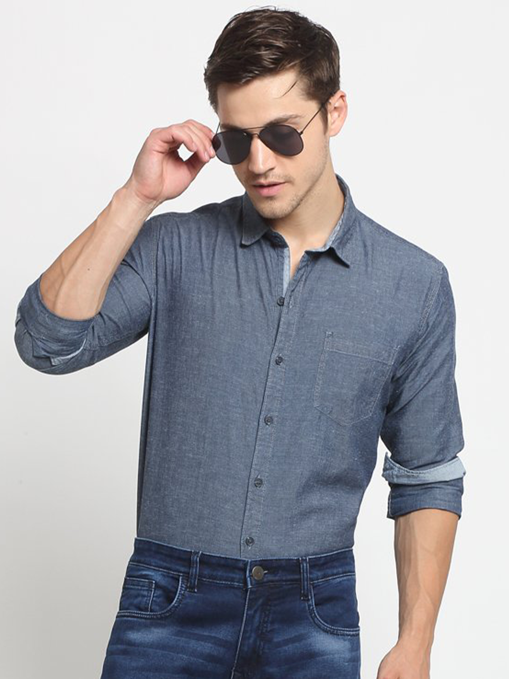 Men Blue Shirt Collar Solid Shirt
