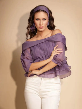 Brown Polyester Off-Shoulder Top