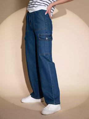 Women Mom-Fit Straight Leg Stretchable Dark Blue Jeans