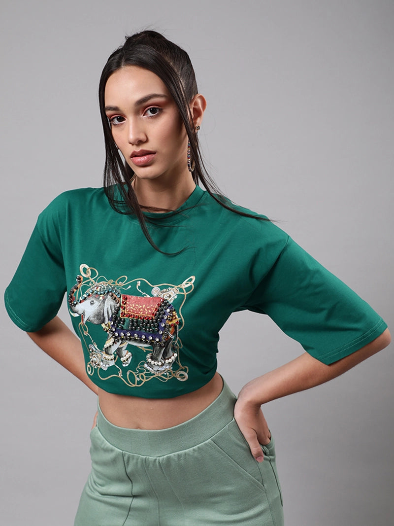 women animation printed green t shirt