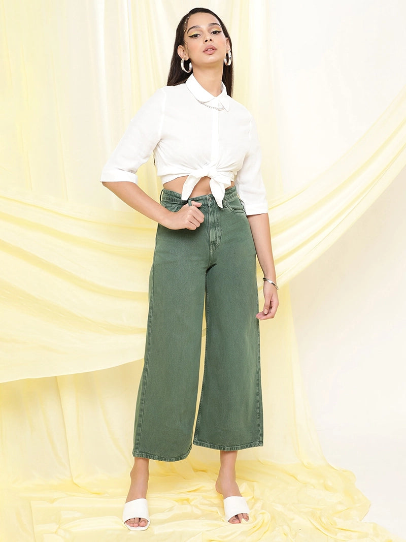 mid rise flared green jeans for women