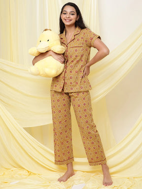 Women Mustard Cotton Printed Loose Fit Night Suit Set