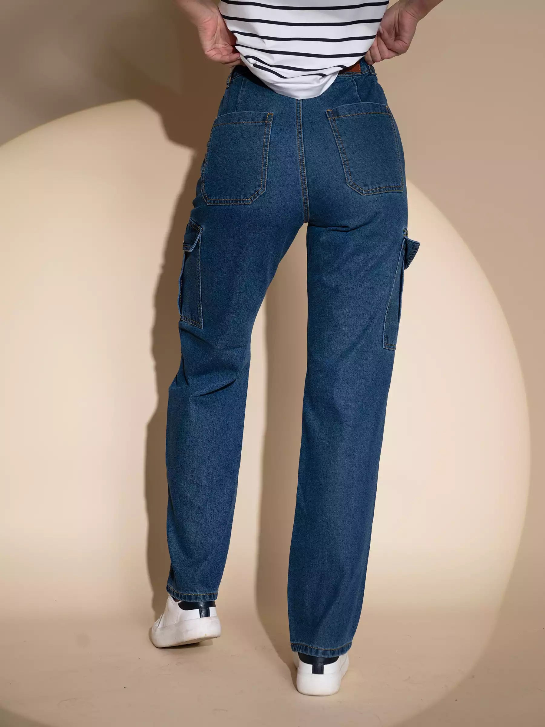 Women Mom-Fit Straight Leg Stretchable Dark Blue Jeans
