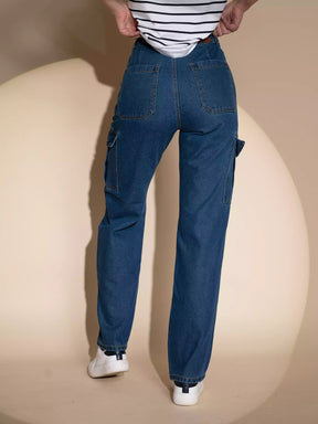 Women Mom-Fit Straight Leg Stretchable Dark Blue Jeans