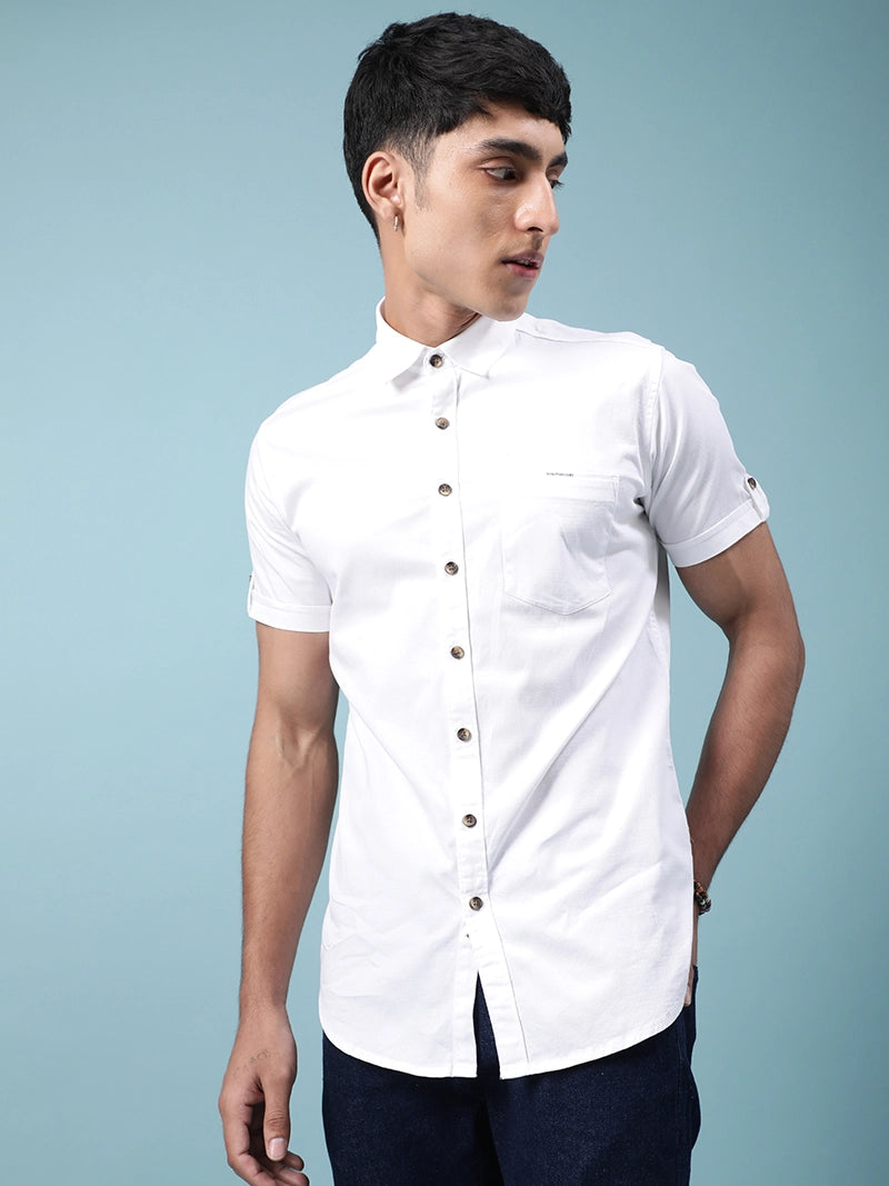 Men White Half Sleeve Casual Plain Shirt