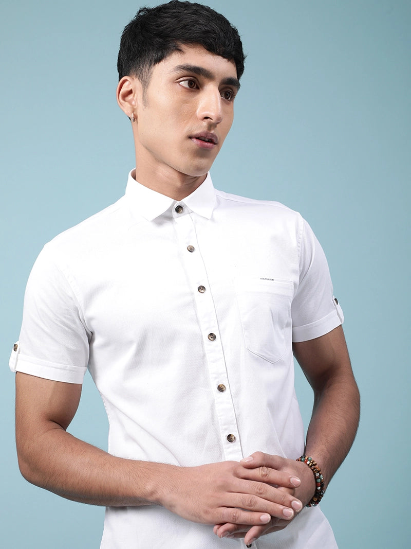 Men White Half Sleeve Casual Plain Shirt