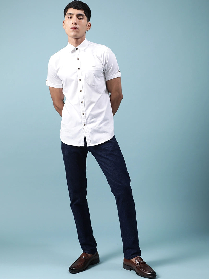Men White Half Sleeve Casual Plain Shirt - Global Republic