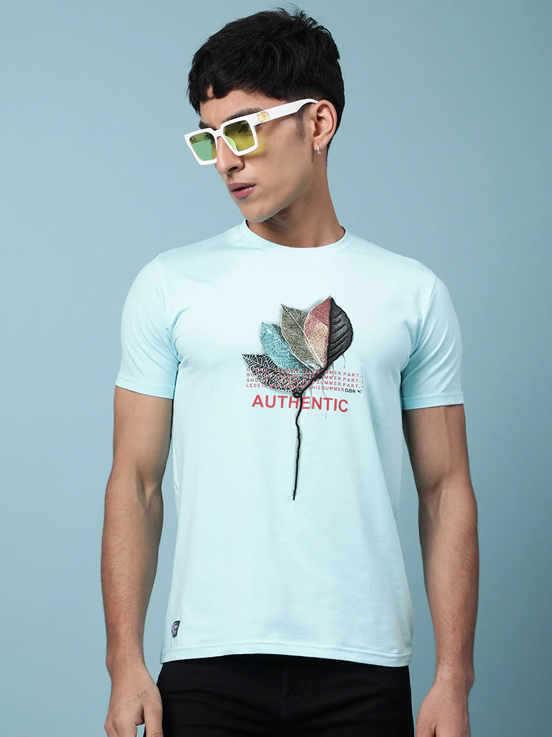 Men Sky Blue Leaf Alpha Printed T-Shirt