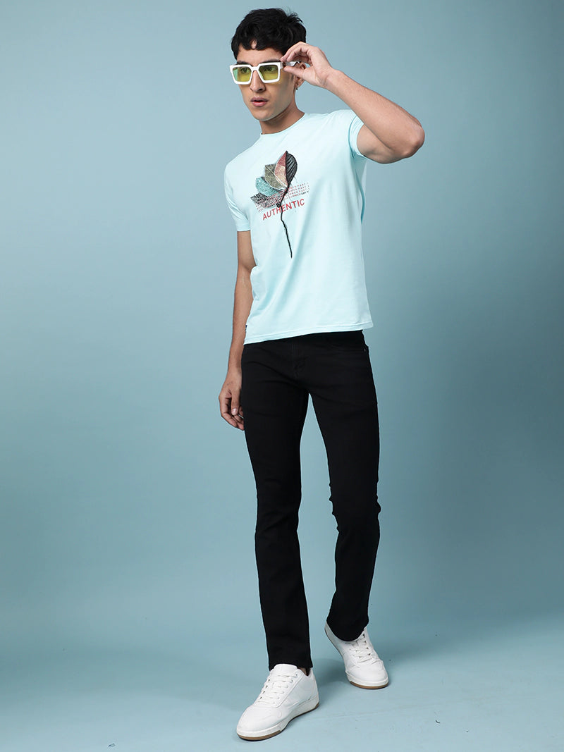 Men Sky Blue Leaf Alpha Printed T-Shirt