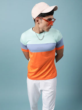 Men Orange Multicolor Horizontal Striped Casual T-Shirt